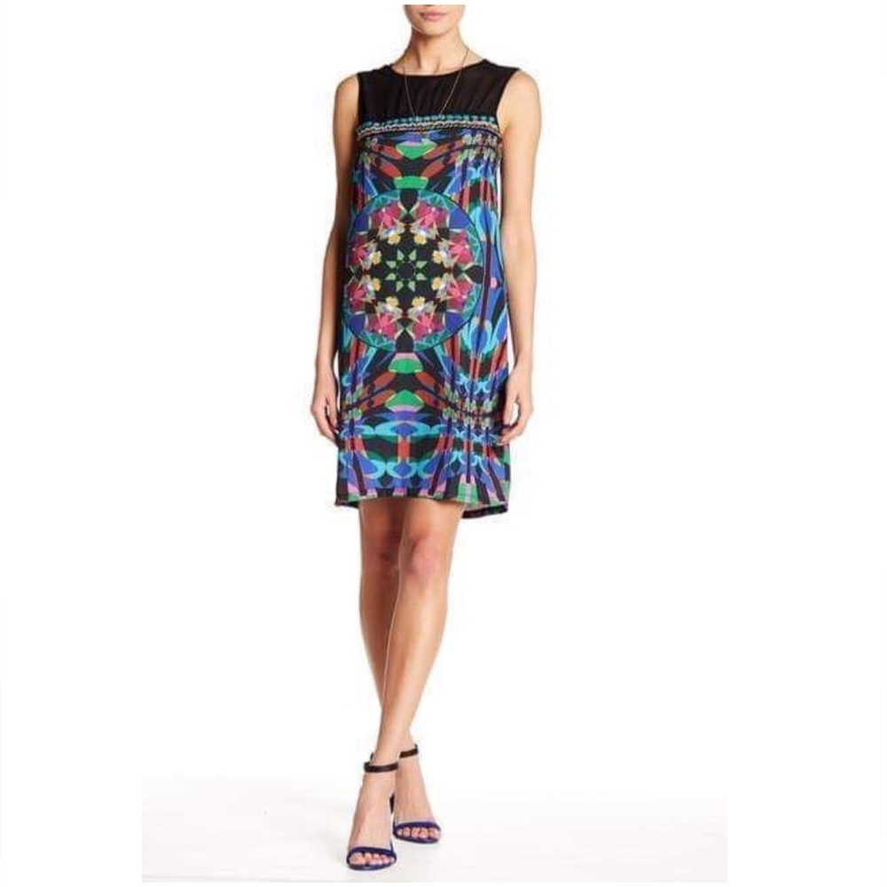 DESIGUAL Beaded Sheer Geometric Shift Dress Blue Pink Size 44 US M